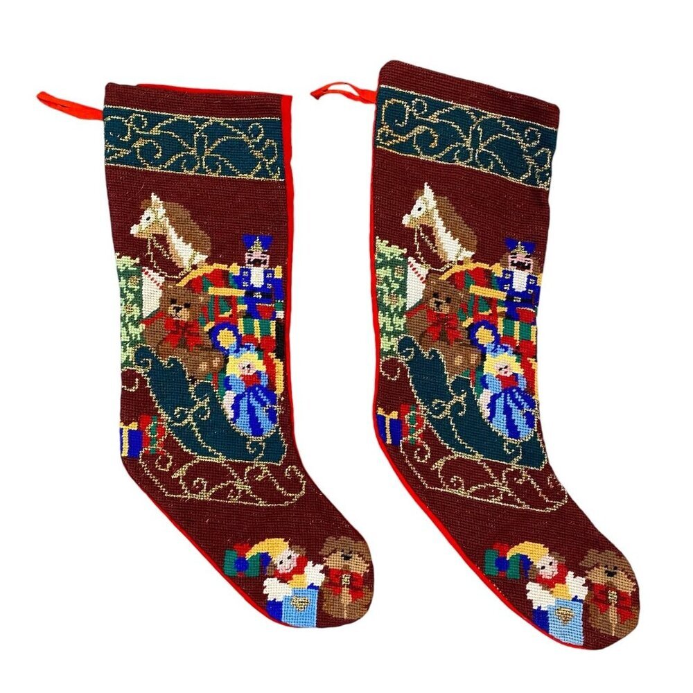 Needlepoint Christmas Stocking Set of 2 Velvet Backing Toys Santas Sleigh 18"